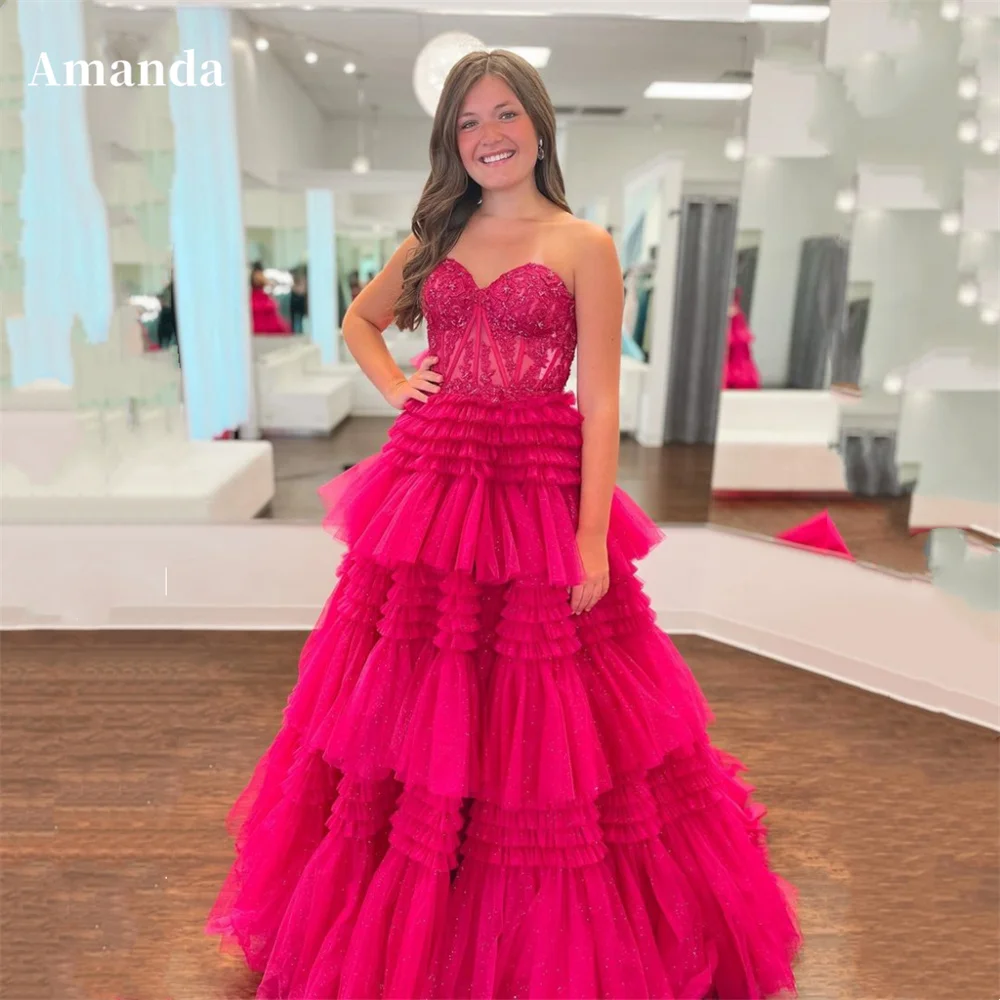 Amanda Heart Shaped Neck A-line Vestido De Novia Lace Top Multilayer Mesh Prom Dress 2024 Sexy Side High Split Graduation Ball