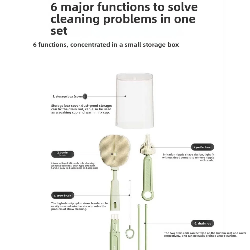 Multi-functional Bottle Cleaning Brush Set Anti-lost TPR Pacifier Straw Scrubber Drain Bracket Eyedropper Brush