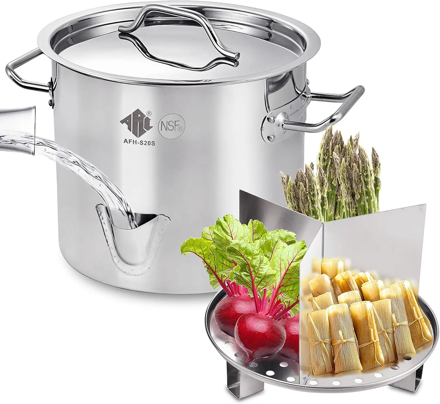 ARC 20/24/32QT Stainless Steel Tamale Steamer Pot w/Easy-fill Water Spout,Seafood Crab Steamer with Divider and Rack