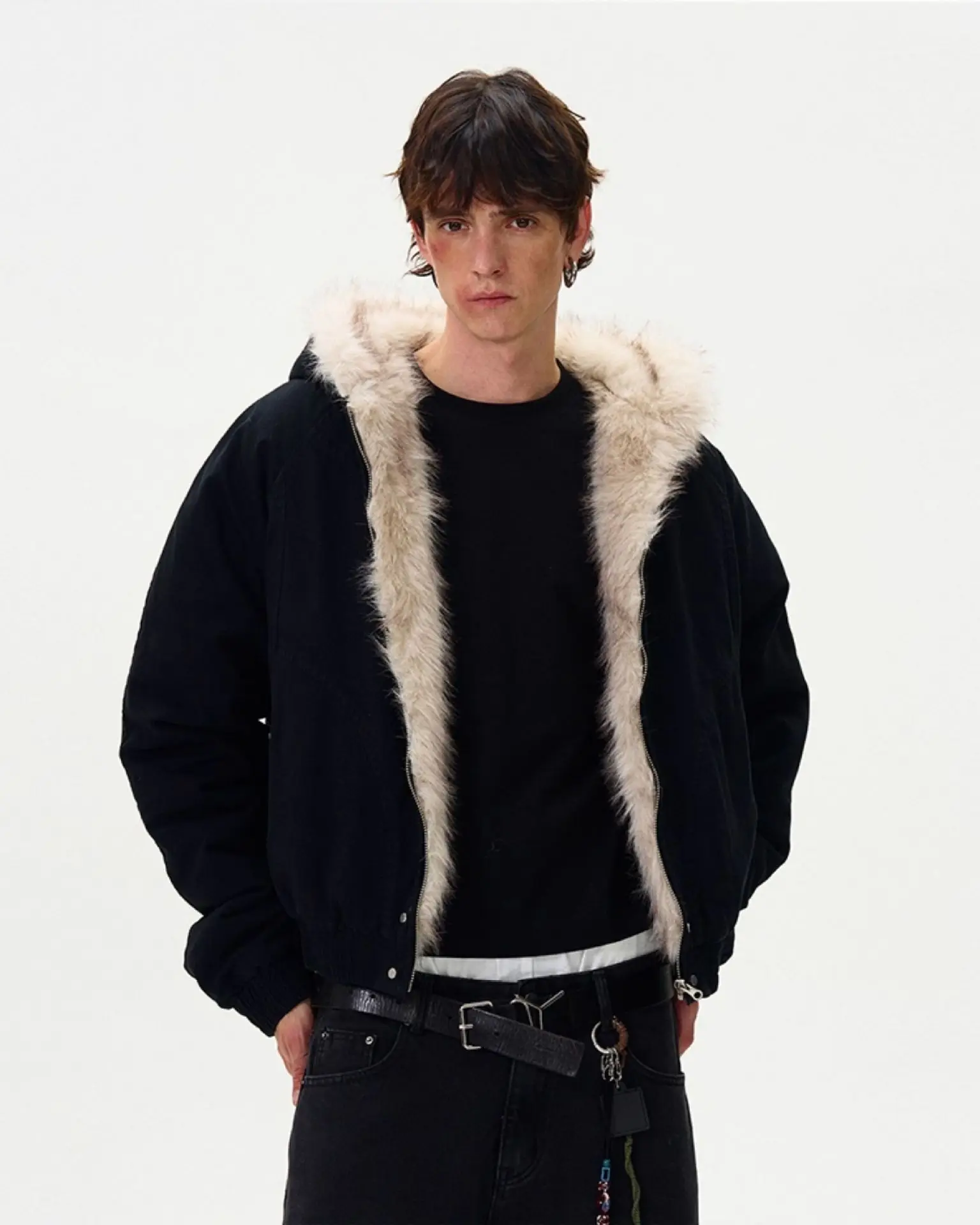 PFNW Patchwork Fur Collar Cotton Jacket Autumn Winter New Men's Hooded Long Sleeved Short Cardigan Coat 28L1106