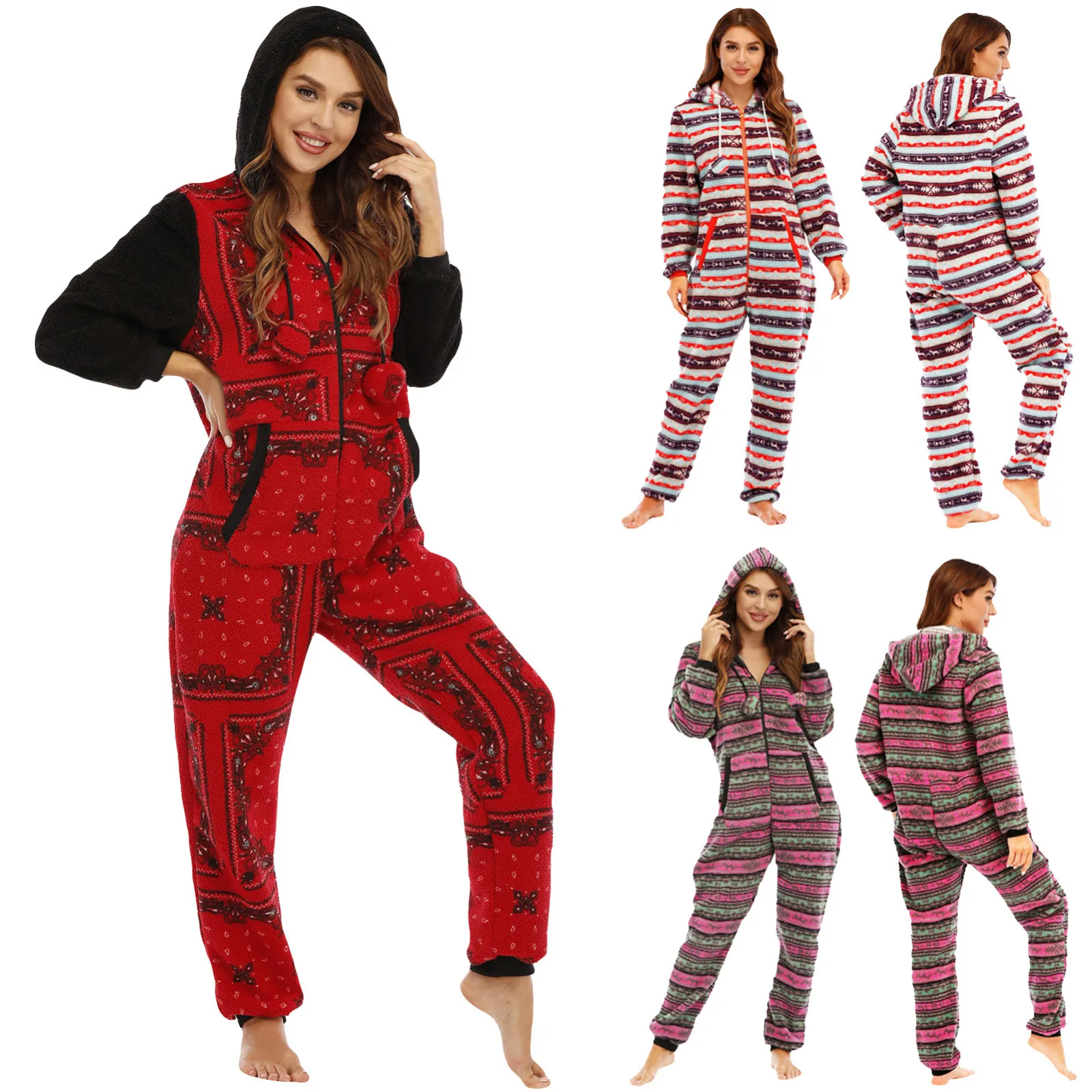 

Winter Stripes Onesie Christmas Long Sleeve Bodysuit Female Sleepwear Women's Pajamas Sleepwear Hooded Jumpsuit Nightwear