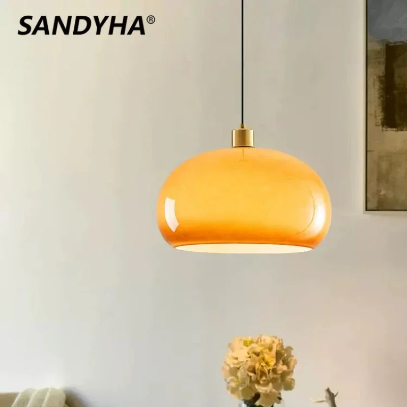 SANDYHA Nordic Vintage Glass Pendent Lights Creative Gradual Yellow Round Chandelier Study Bedroom Restaurant Home Hanging Lamp