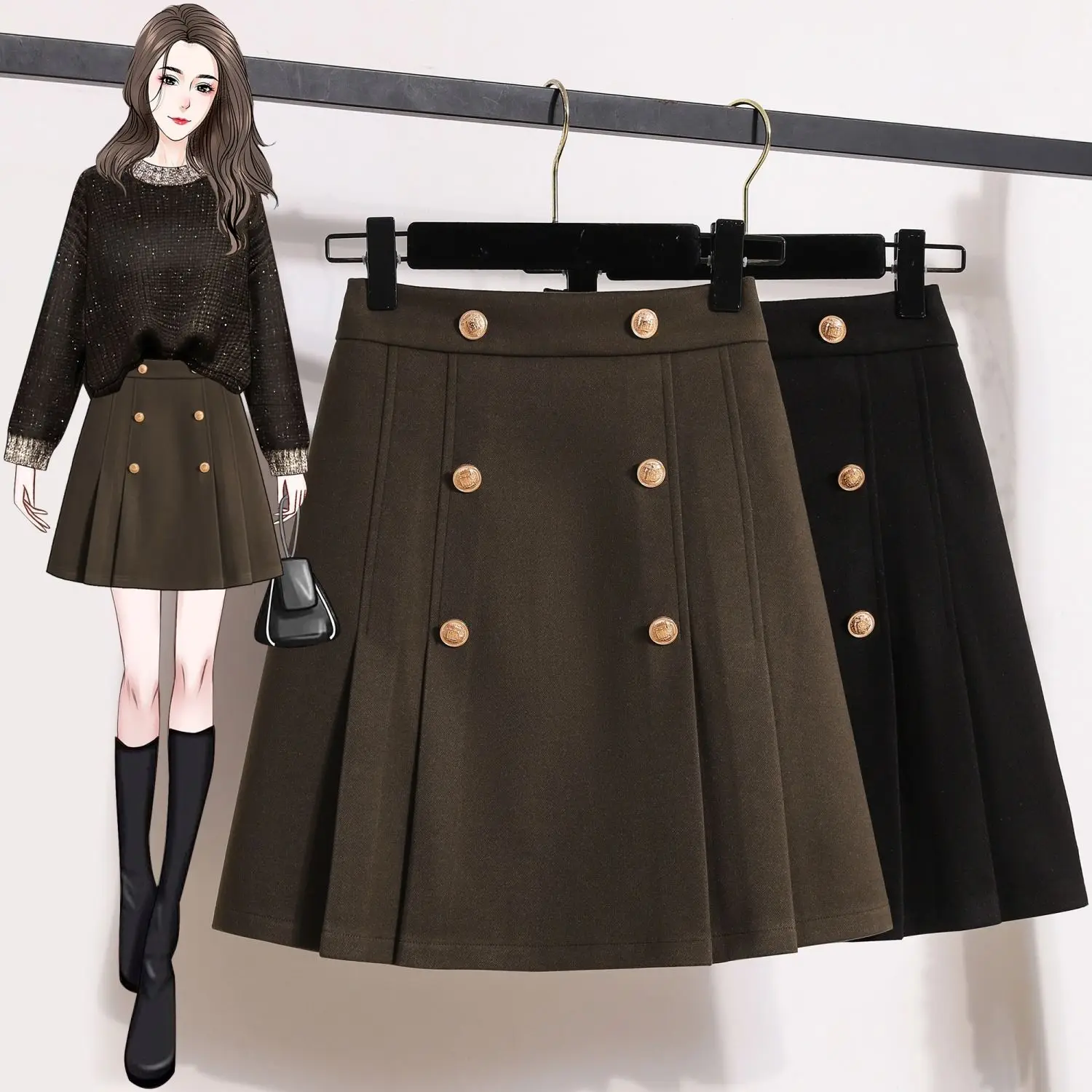 Short and Pleated Skirt for Women in Autumn and Winter New Retro High Waisted Slim and Versatile Black A-line Short Skirt