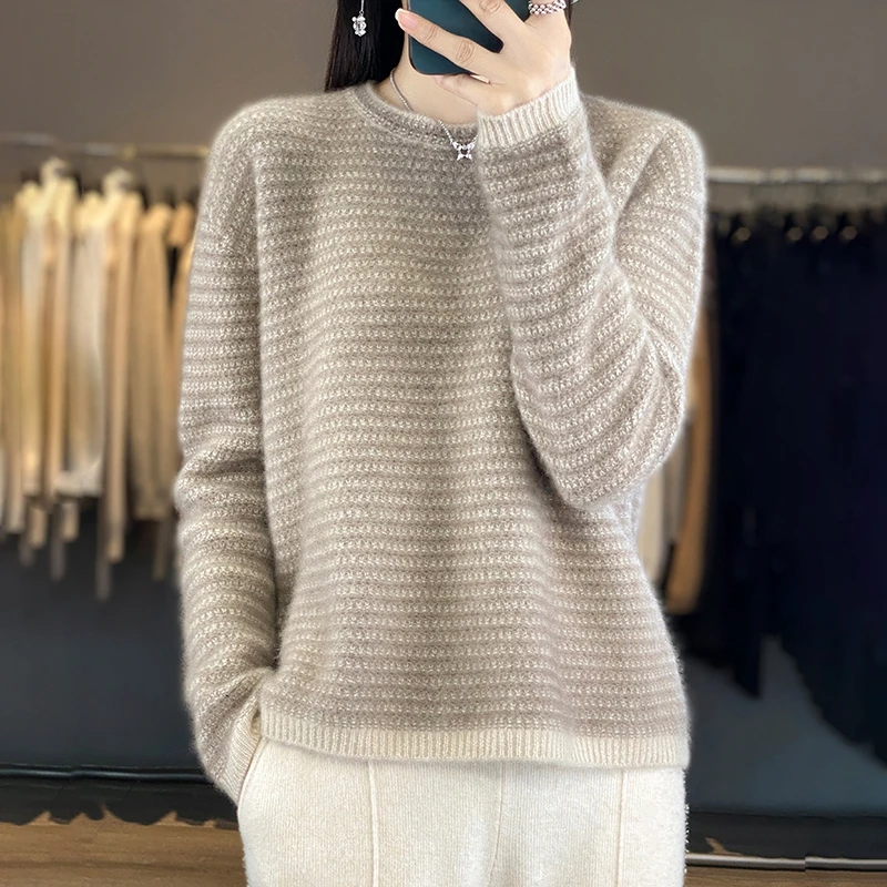 

RONGYI 2023 100% Merino Wool Women's Clothing Sweater O Neck Knitting Pullover Autumn And Winter Warm Top Casual Loose Fashion