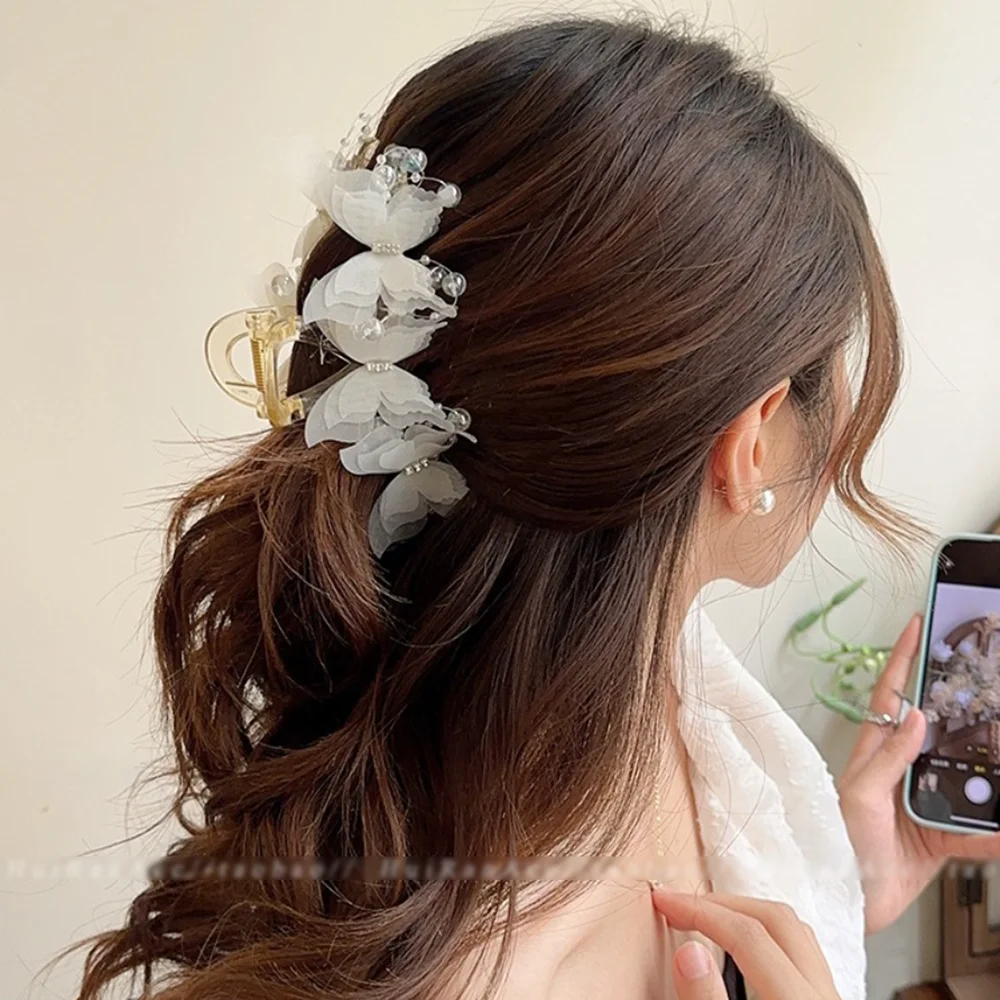 Neue Mode Simulation Schmetterling Haar Clips Frauen Elegante Perle Bogen Pferdeschwanz Clip Süße Krabben Klaue Kopfschmuck Haar Zubehör – Detail 3
