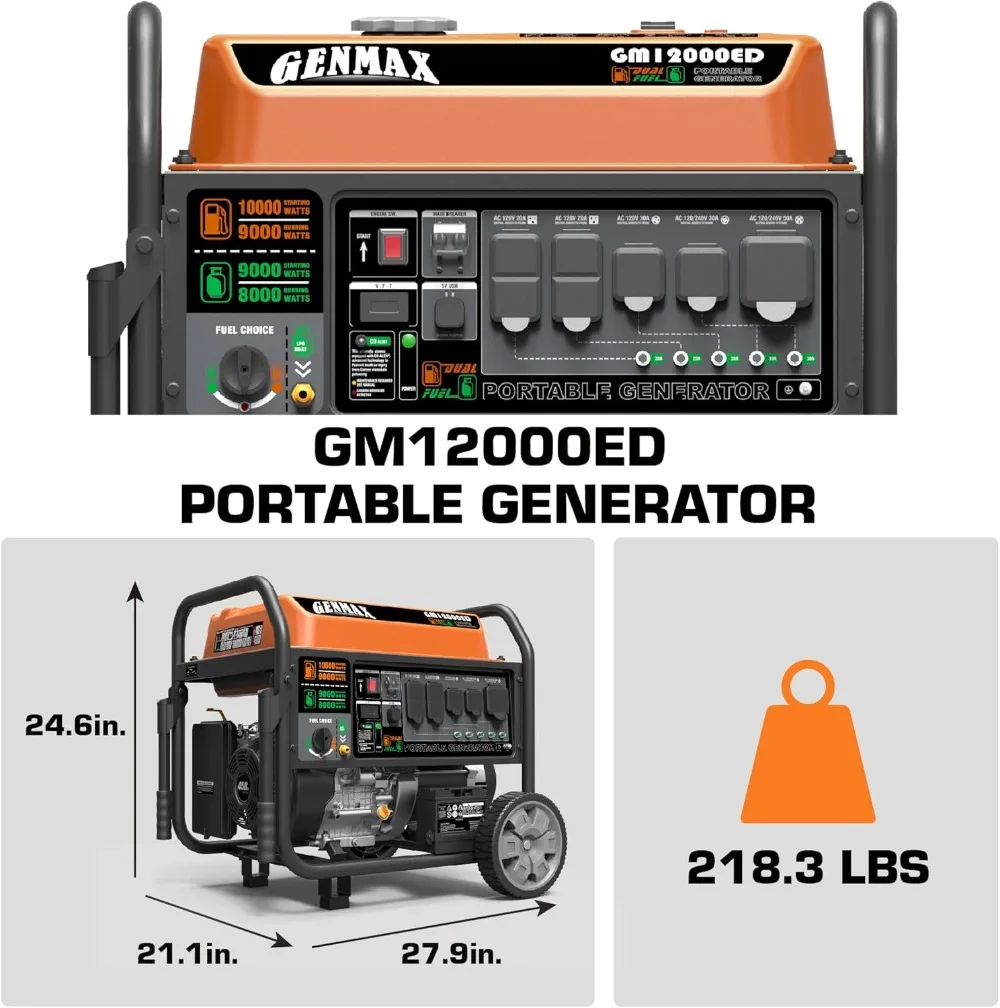 Dual Fuel Portable Generator 12000 Watt Gas or Propane Powered Electric Start-Home Back Up EPA Compliant