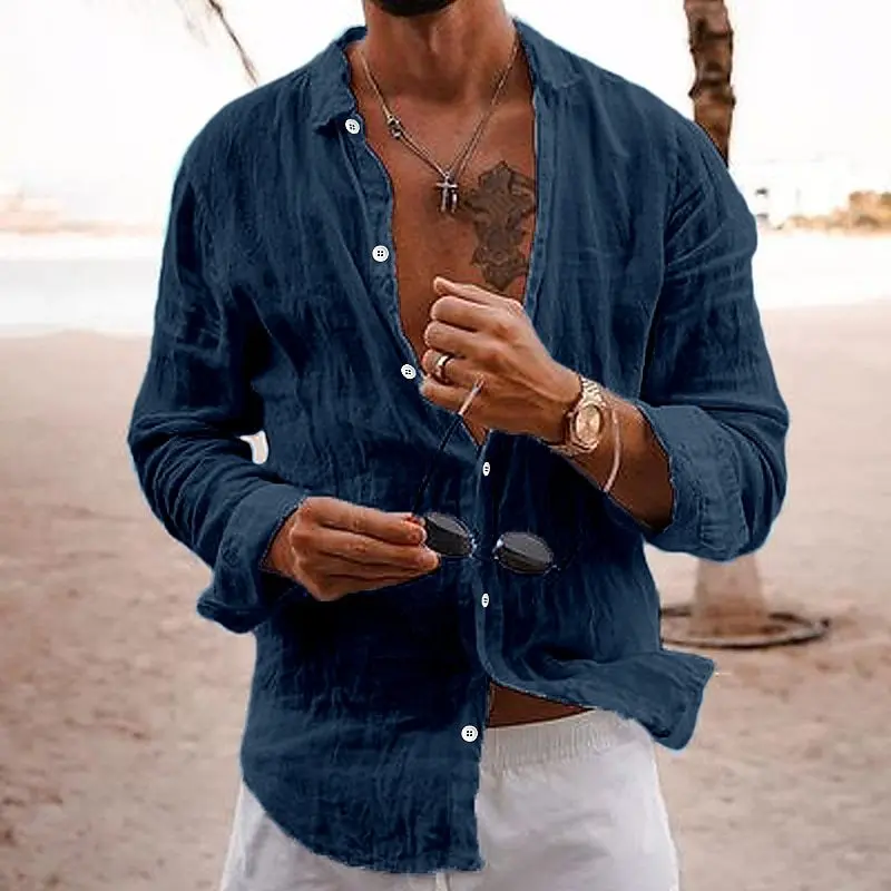 

2023 Spring Autumn New Solid Color Fashion Turn-down Collar Shirt Man Comfortable Button Long Sleeve Cardigan Cotton Hemp Tops