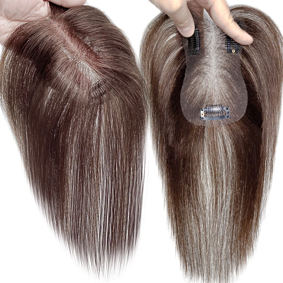 Topper per capelli umani veri al 100% con frangia, base in seta, 3 clip, capelli lisci castani per donna, extension per capelli - immagine 4