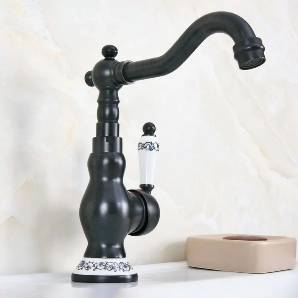 

Bathroom Sink Basin Faucet / Single Hole Deck Mounted Black Oil Rubbed Bronze Ceramic Handle Swivel Spout Mixer Taps tnf658