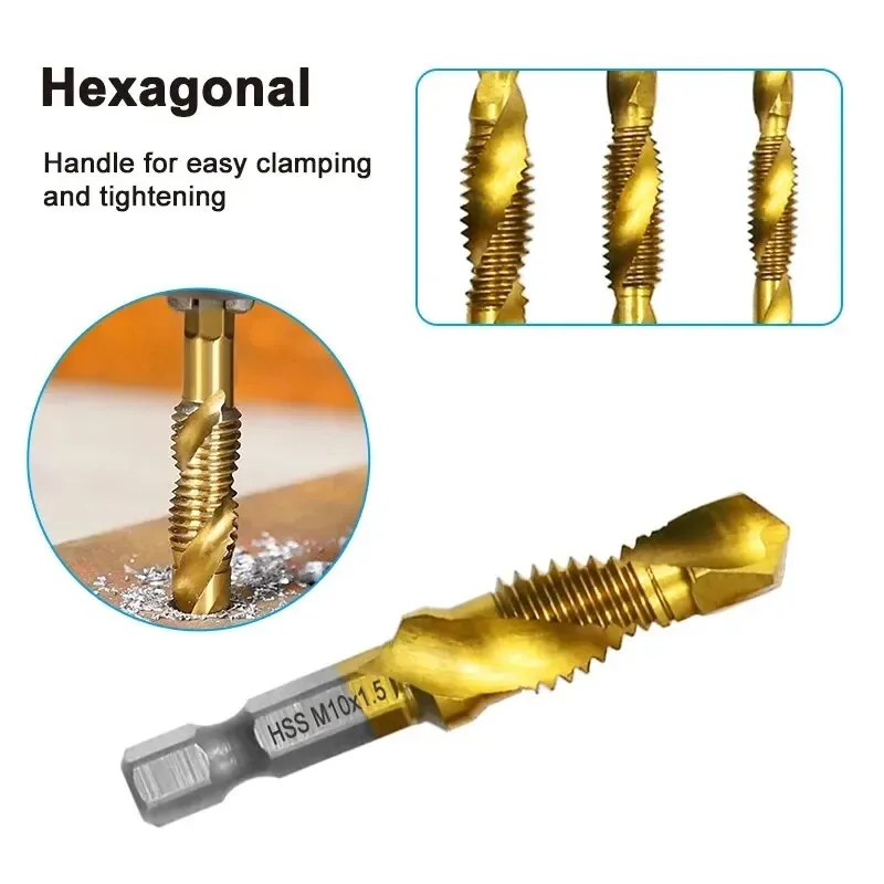 6-Piece Titanium Coated High-Speed Steel Tap & Drill Combo Set - 2-in-1 Threading and Chamfering Tool with Integrated Design