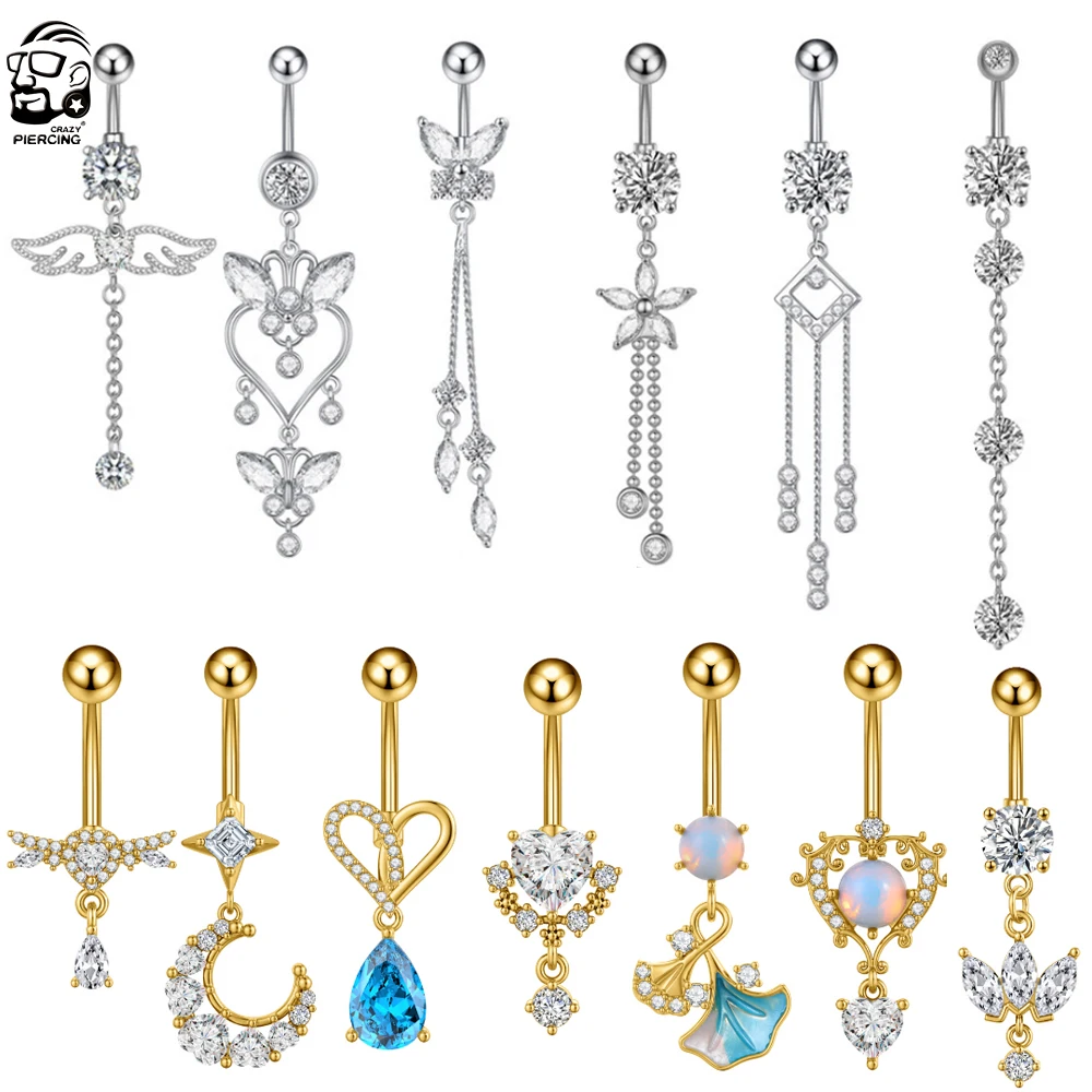 Zircon Crystal Belly Button Ring Dangle Wing Piercing Nombril Ombligo Surgical Steel Barbell Heart Round Navel Stud Body Jewelry piercing jewelry body jewelry belly button piercings belly button earrings