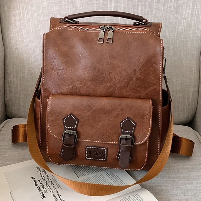 

WR 2022 Trendy Women's Backpack Vintage Pu Leather Daypack Brown Mochilas Para Mujer Casual Travel Bag Retro Student School Bag