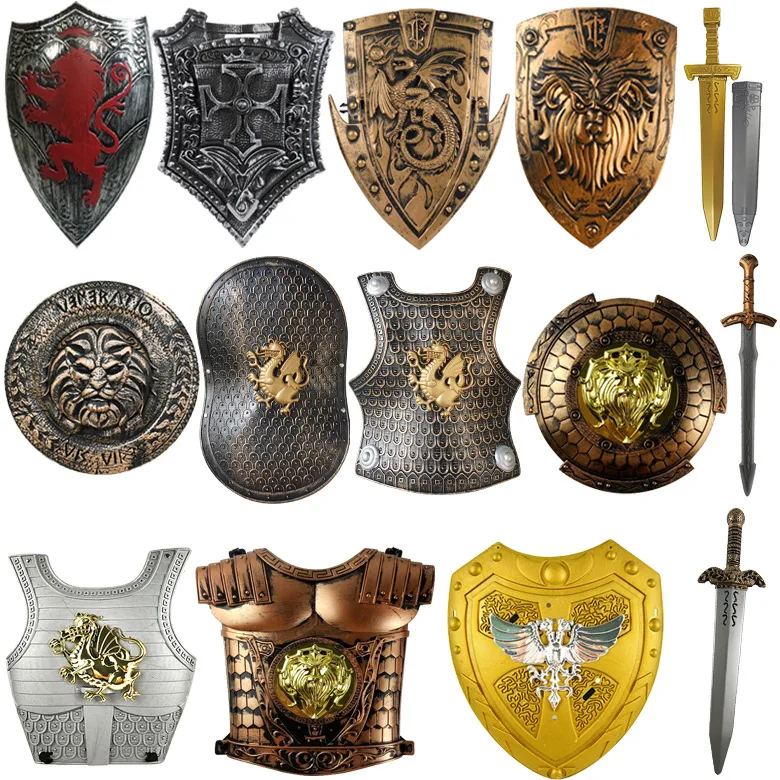 

Ancient Roman Warrior Armor Shield Sword Weapon Dress Up Photo Props Accessories Happy Boys Favor Birthday Party Decor