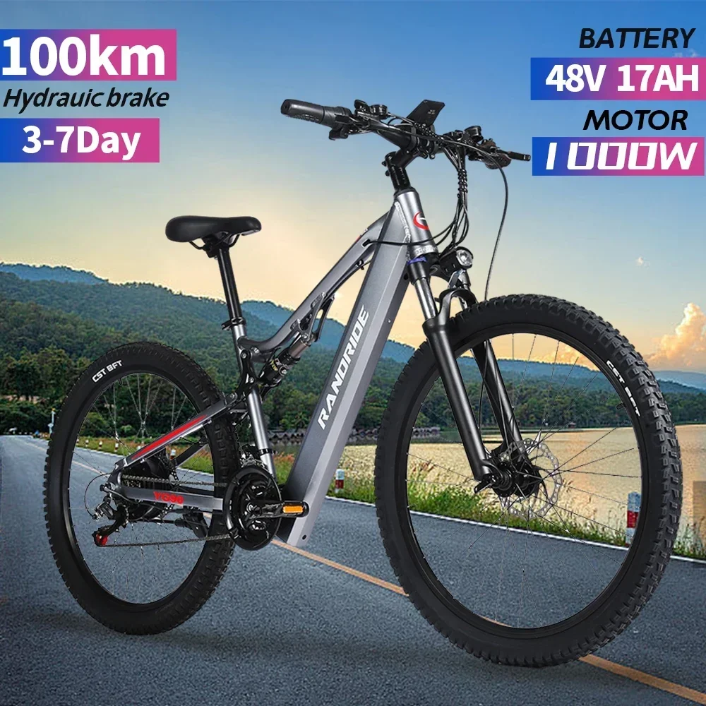 RANDRIDE YG90 Electric Bicycle 1000W 48V17AH Hydraulic Brake Full Suspension 21 Gears Shift Free Rack