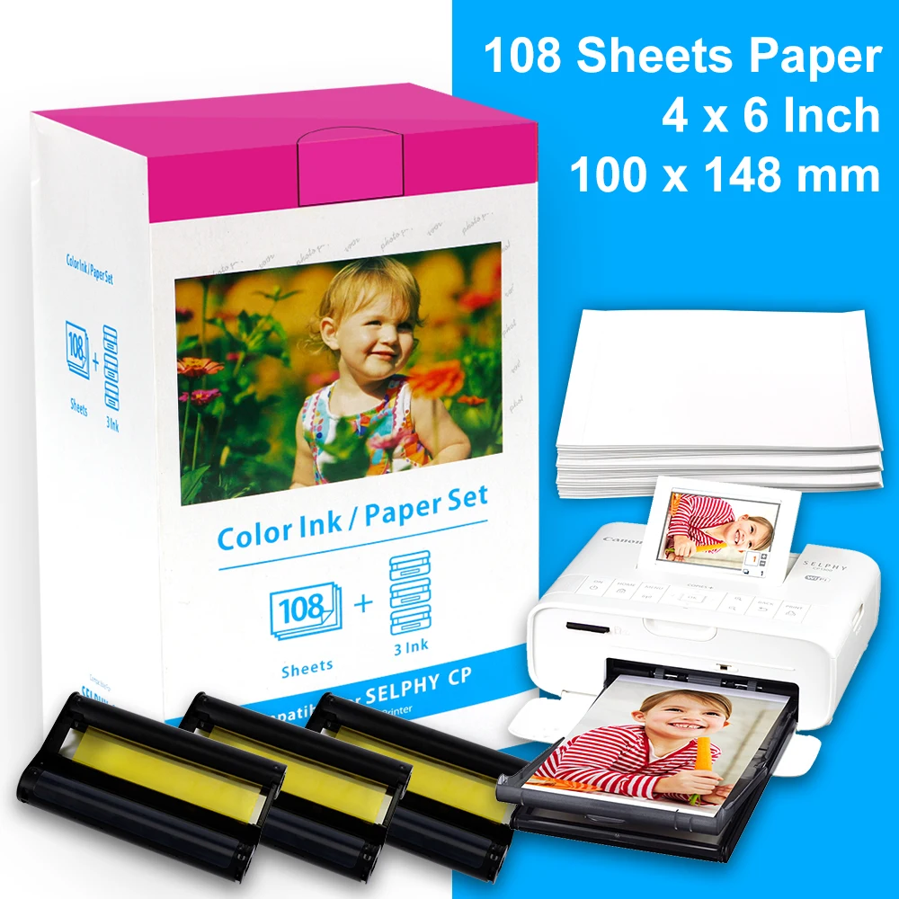 KP108IN 3 Ink Cartridges Compatible for Canon Selphy CP Photo Paper 4x6Selphy  CP1300 CP1200