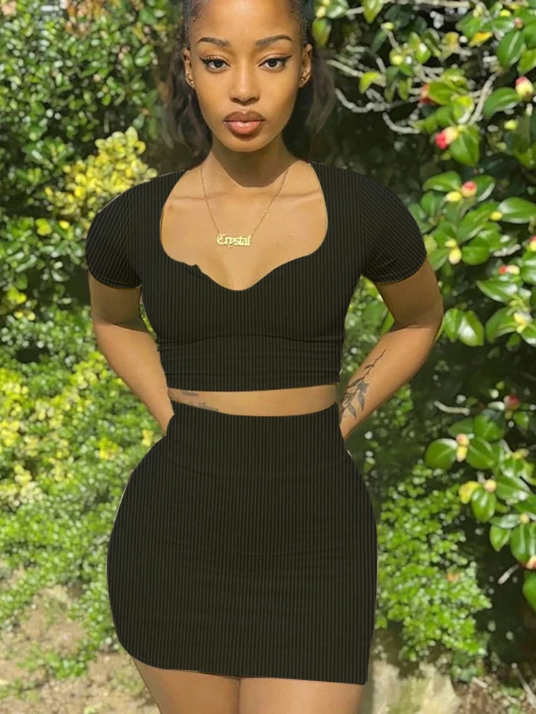 

Two Piece Set for Womens Clothing Sexy Summer Outfits Hot Threaded V-neck Short Top Exposed Belly Button Package Hip Slim Set