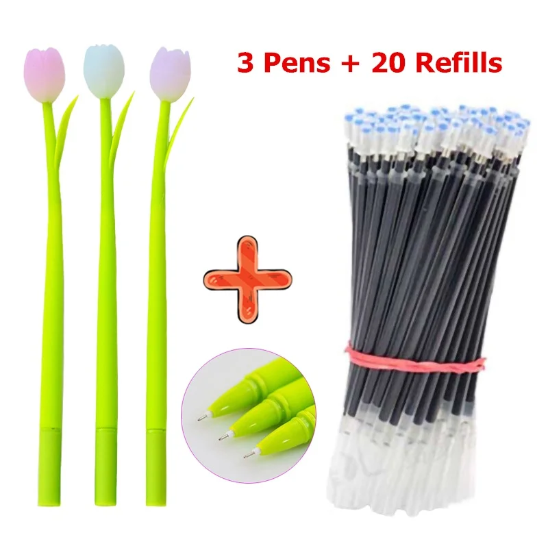 3 penne Gel + 20 ricariche penne Gel da 0.38mm Creative Plant Silicone Tulip Peach Signature Pens