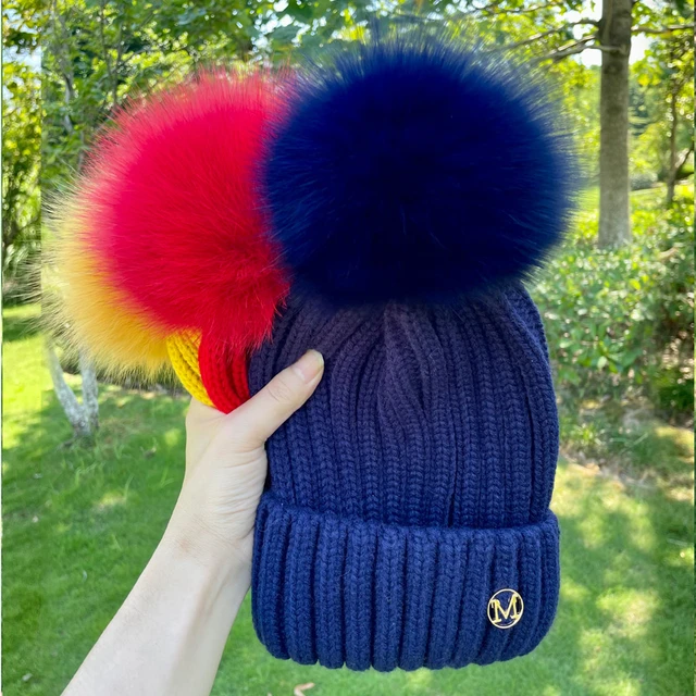 New Colourful Silver Fox Raccoon Fox Fur Winter Hat Cap Kids Boy Girl  Aldult Keep Warm Big Fur Pom Poms Ski Hat Fur Pompoms 2022