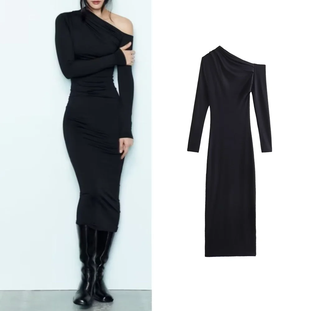 

Новое Женское милое и стильное облегающее черное асимметричное платье с воротником и открытыми плечами и длинными рукавами из нейлона 1198460