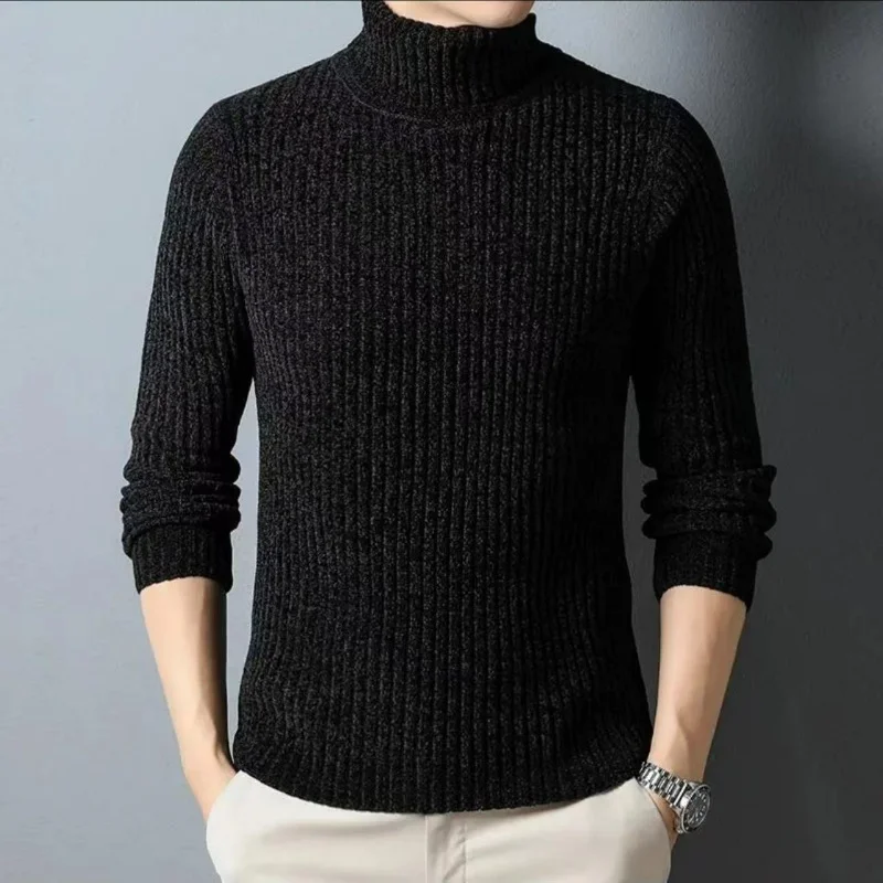 Autumn Winter Fold High Neck Sweater Men's Chenille Fashion Fleece Thick Warm Solid Braid Patchwork Long Sleeved Casual Knit Top