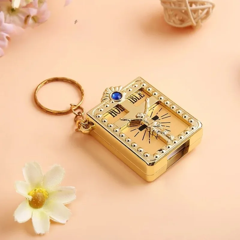Spanish Real Mini Holy Bible Keychain, Catholicism Christian Jesus Cross Keychain,First Communion Religion Party Holy gift
