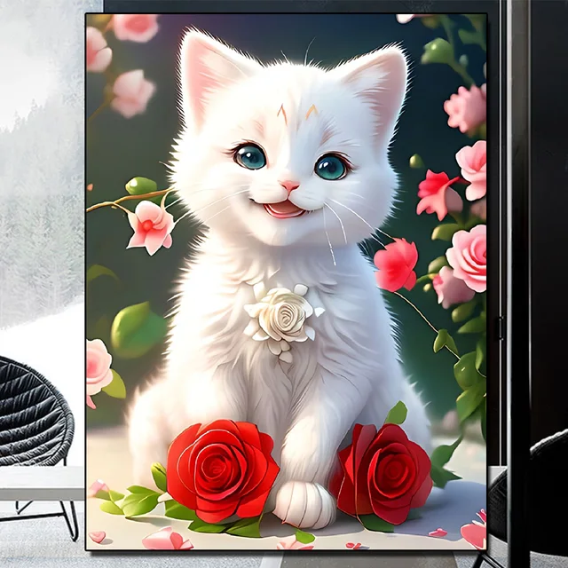 Diamond Painting Cats Flowers And Fish Bowl Lovely Design Embroidery  Decorations