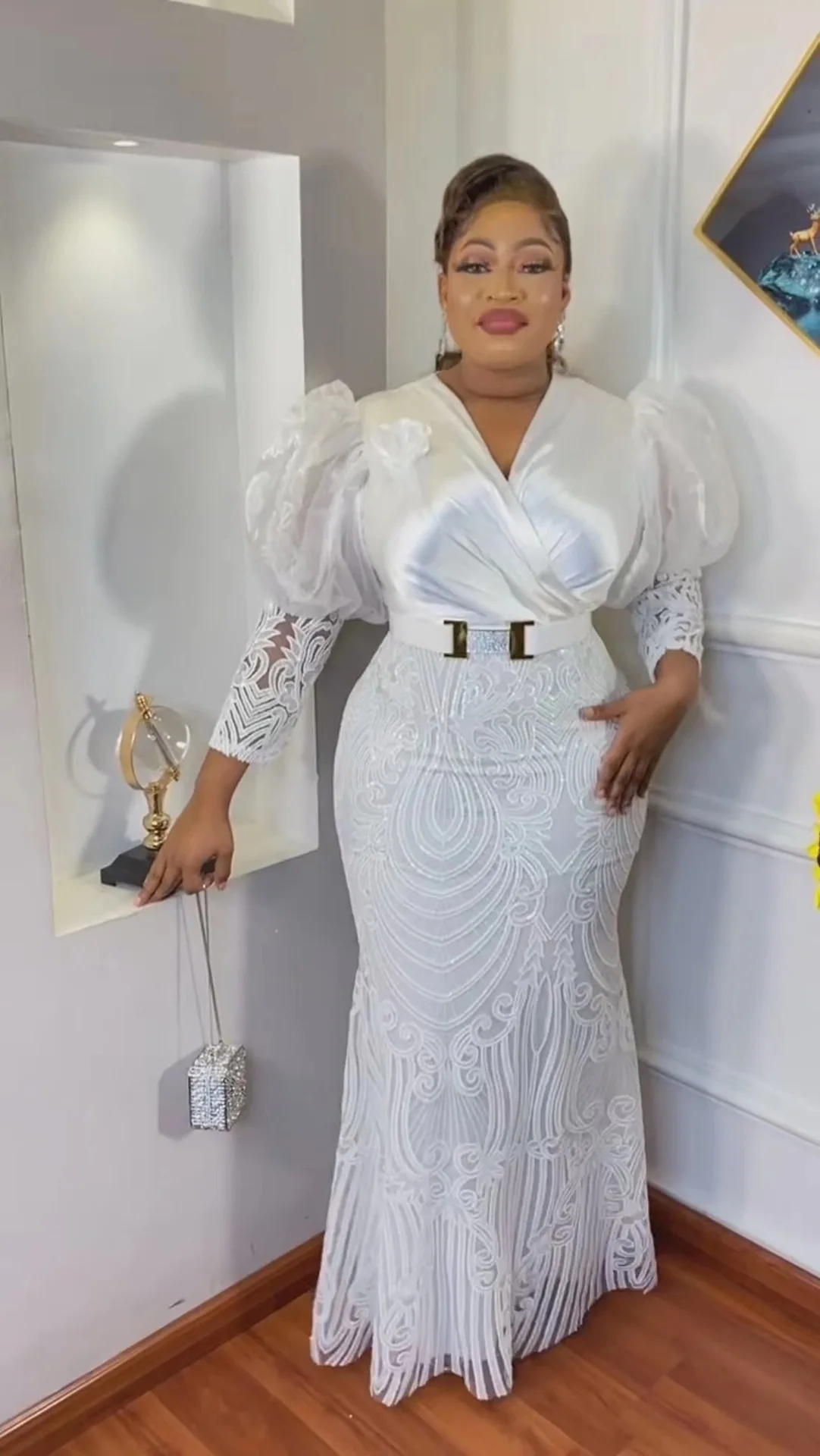 

African Dresses for Women Autumn Spring African Women V-neck Green White Red Polyester Sequined Long Dress XL-4XL Maxi Dress