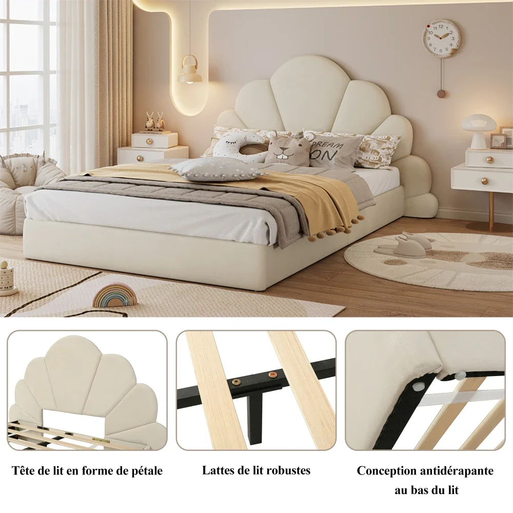 Gepolstertes Doppelbett, Kopfteil mit gebogenen Blütenblättern, stilvoll und bequem, moderner Bettrahmen, Samt, Beige, 140 x 200 cm – Detail 11