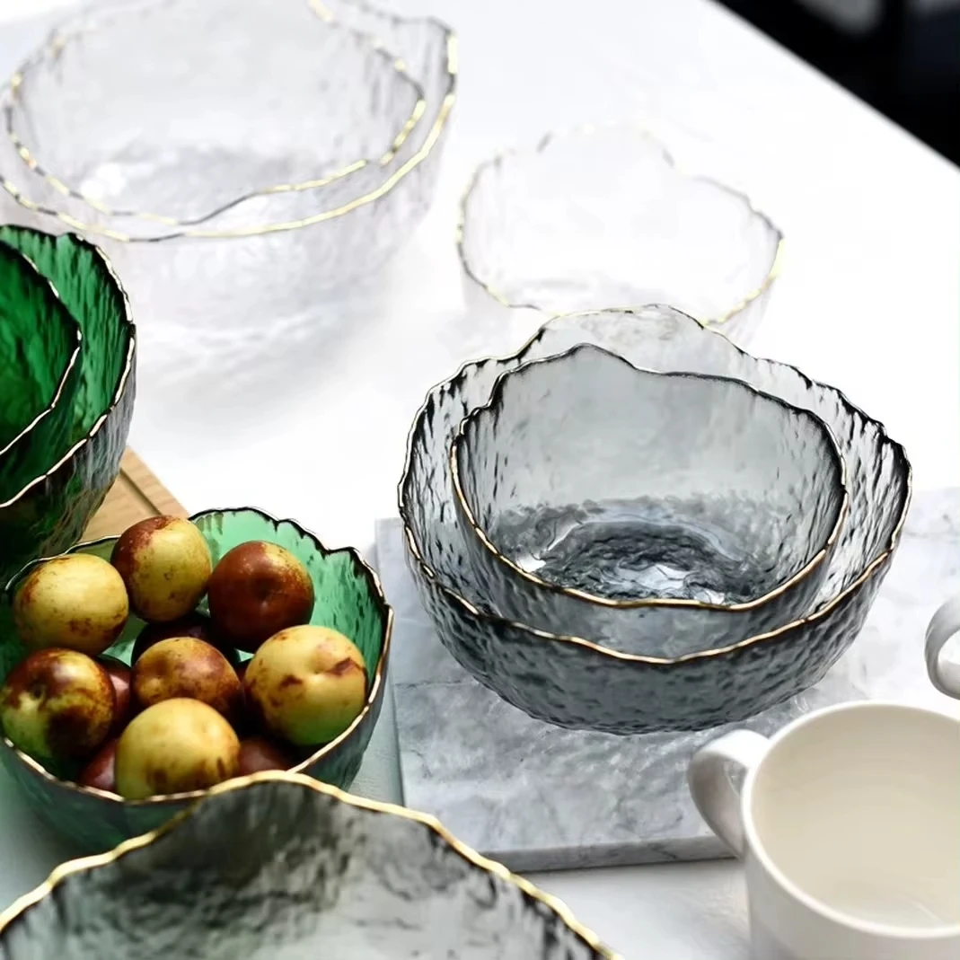 Glass Bowl Japanese Style Iceberg Glass Bowl with Glod Rim Transparent Salad Fruit Soup Dessert Snack Foods Mixing Bowl Tea Wash Large