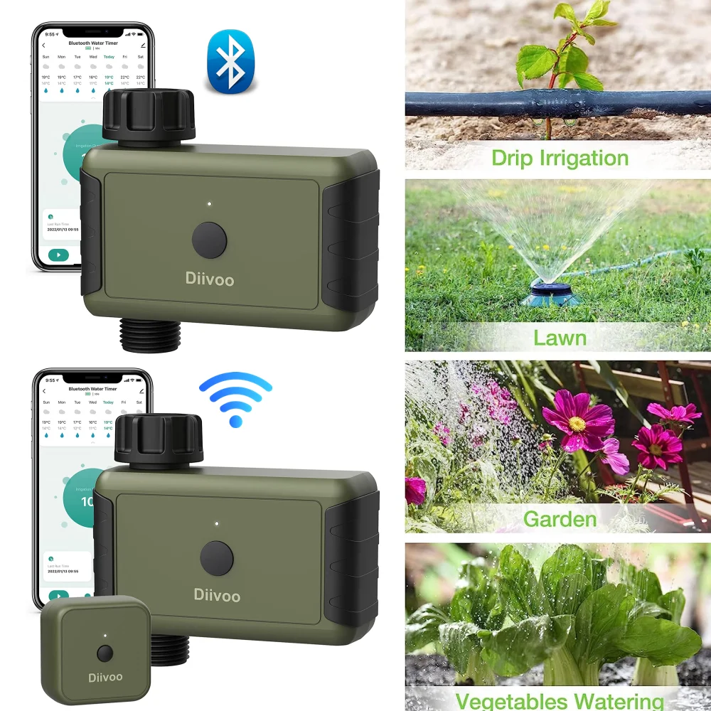 

Diivoo WiFi/Bluetooth Water Timer, Outdoor Garden Programmable Smart Sprinkler Irrigation Timer with Rain Delay &Manual Watering