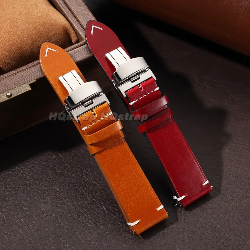 Elegant Hand-Stitched Leather Watch Band with Automatic Butterfly Clasp