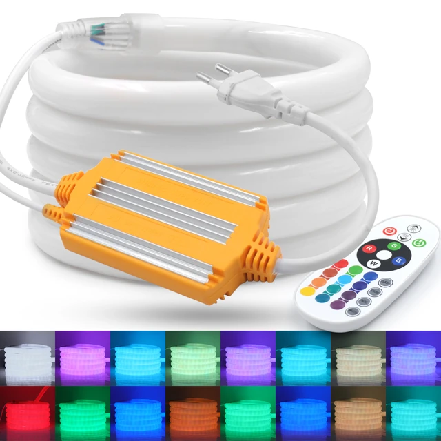 XUNATA 2 metros Tira de neón LED RGB flexible, 220V SMD 2835 120leds / m  Cuerda, tubo de luz de tira LED regulable con 20 teclas de control remoto