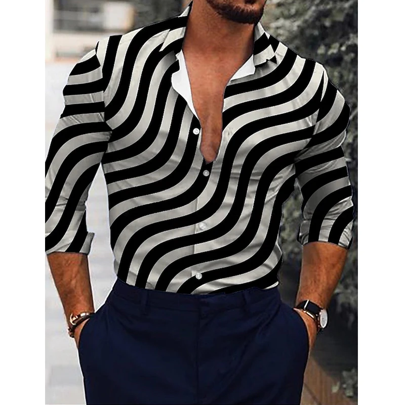 

Luxury Vintage Shirts For Men Oversized Casual Shirt Stripe Print Long Sleeve Tops Men's Clothing High Quality Cardigan Blouses