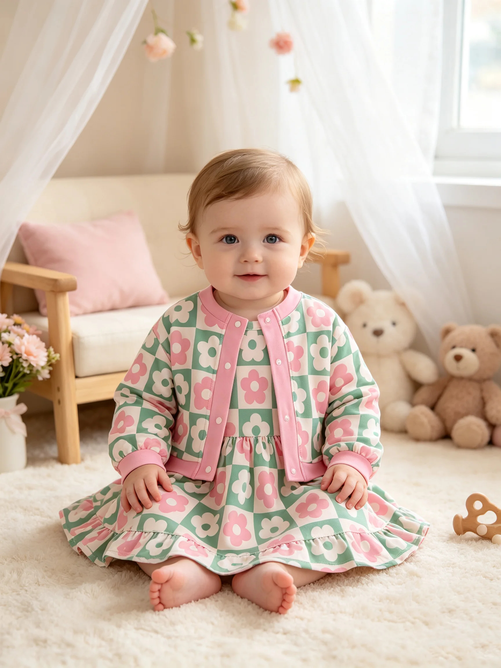 Vier-Jahreszeiten-Kinderbekleidungsset, lässiger, geblümter, langärmeliger Cardigan-Oberteil + geblümtes, ärmelloses Kleid-Set
