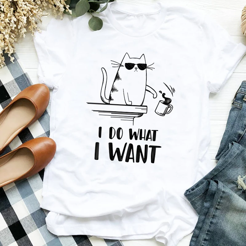 

2023 Women Lady Cat Funny Coffee Short Sleeve Cute Print Casual T Tee Womens Tshirt for Female Shirt Clothes Top Graphic T-shirt
