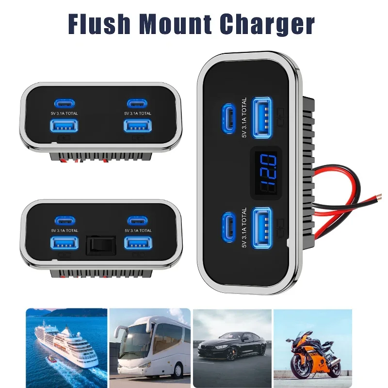 4포트 12V RV USB 콘센트 76W 듀얼 PD3.0 타입-C 퀵 차지 & QC3.0 패널 벽걸이 충전기 어댑터 해양 버스 ATV 트럭용