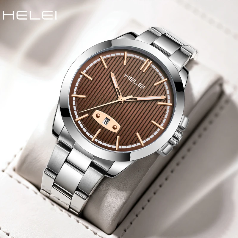 HELEI2024 Classic Men's Quartz Watch Mineral Hardened Glass Date Display Stainless Steel Quartz Watch Waterproof Men's Watch