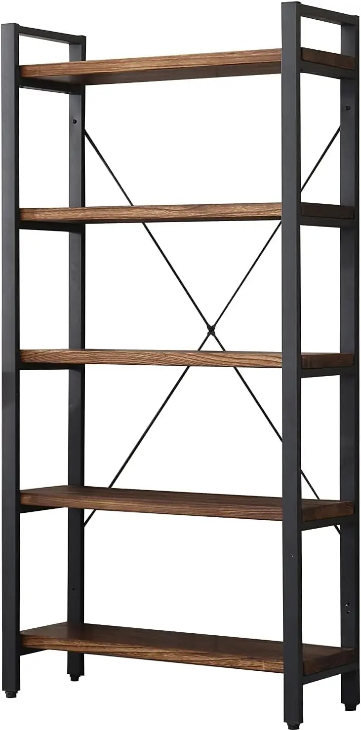 3-5 Tier Bookcase, Solid Rustic Industrial Etagere Bookcase, Metal and Wood Free Vintage Bookshelf, Retro Brown (Real Wood)