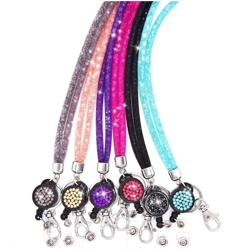 Rhinestone Office Lanyard Bling Crystal Badge Lanyard Shiny Mesh Neck Lanyards Retractable Badge Reel Holder Key Ring for Nurse 2 pcs retractable keychain rhinestone badge reel surface zinc alloy office id cards clip buckle nurse ring accessories for desk