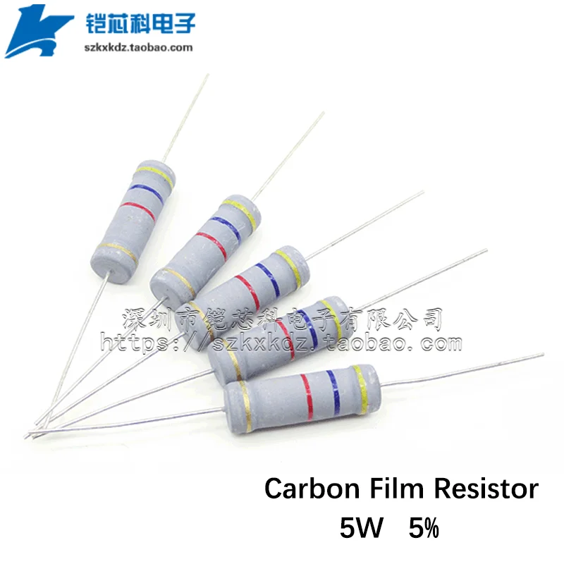 10Pcs Carbon Film Resistor 5W 5% 1Ohm-910KOhm 10 30 43 100 300 510 Ohm 1K 10K 100K 1M Color Ring Resistance 1R 10R 100R