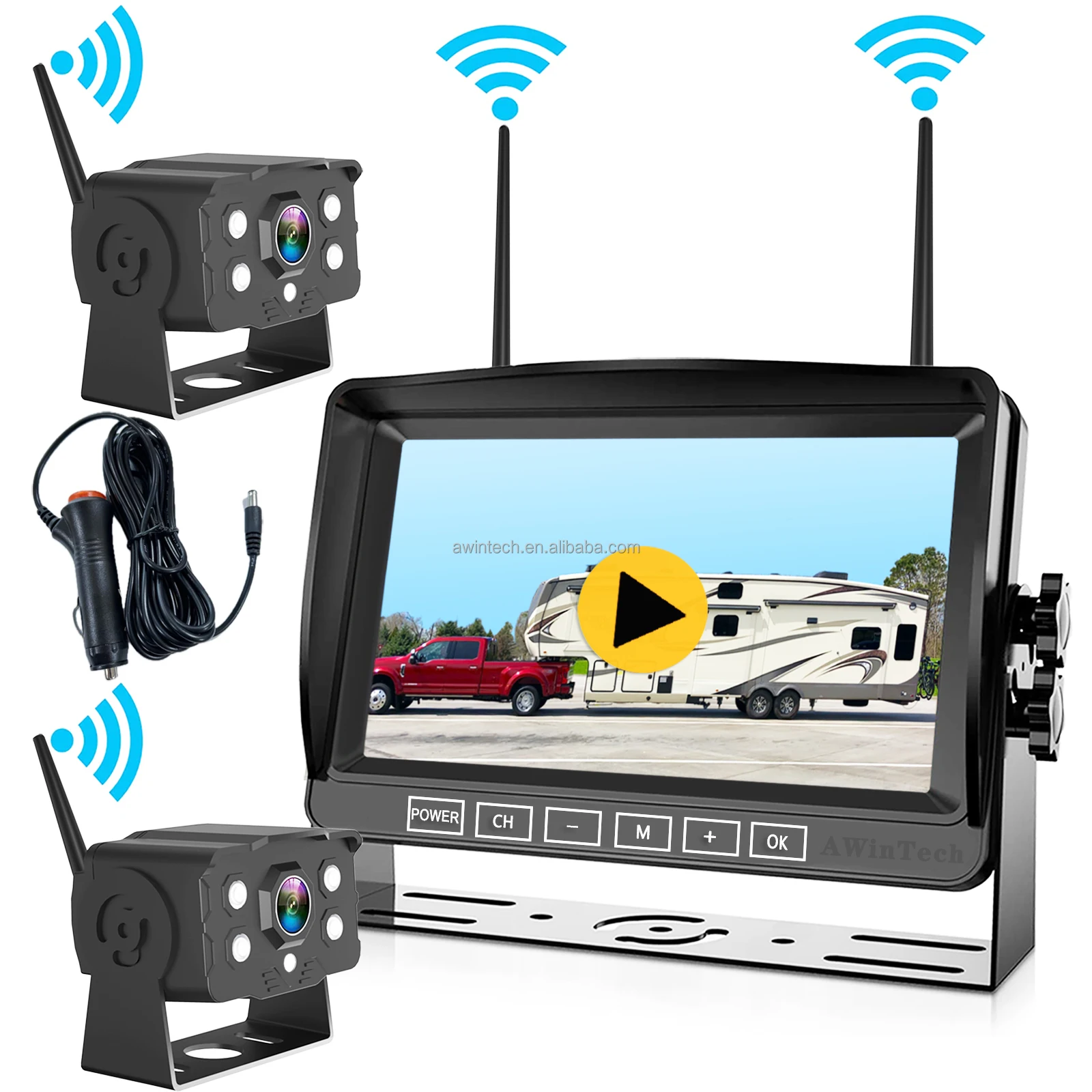 מצלמת גיבוי לרכבת משאית אלחוטית 2 מצלמות: הקלטה 7 אינץ 'מוניטור מגע HD 1080P מצלמת תצוגה אחורית למשאית קמפר 4 ערוצים