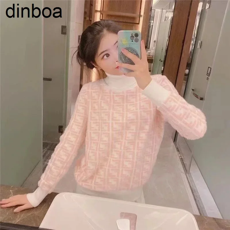 

dinboa-2023 Autumn and Winter Plus Fleece Thicken the New Style Long V-star Jacquard Knitted Sweater Loose Blouse Woman