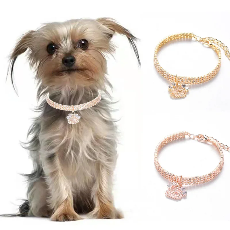 

Paw Shaped Rose Gold Dog Collar Lovely Solid Zircon Necklace for York Dogs Golden Kitten Collars Adjustable Pet Cat Accessories