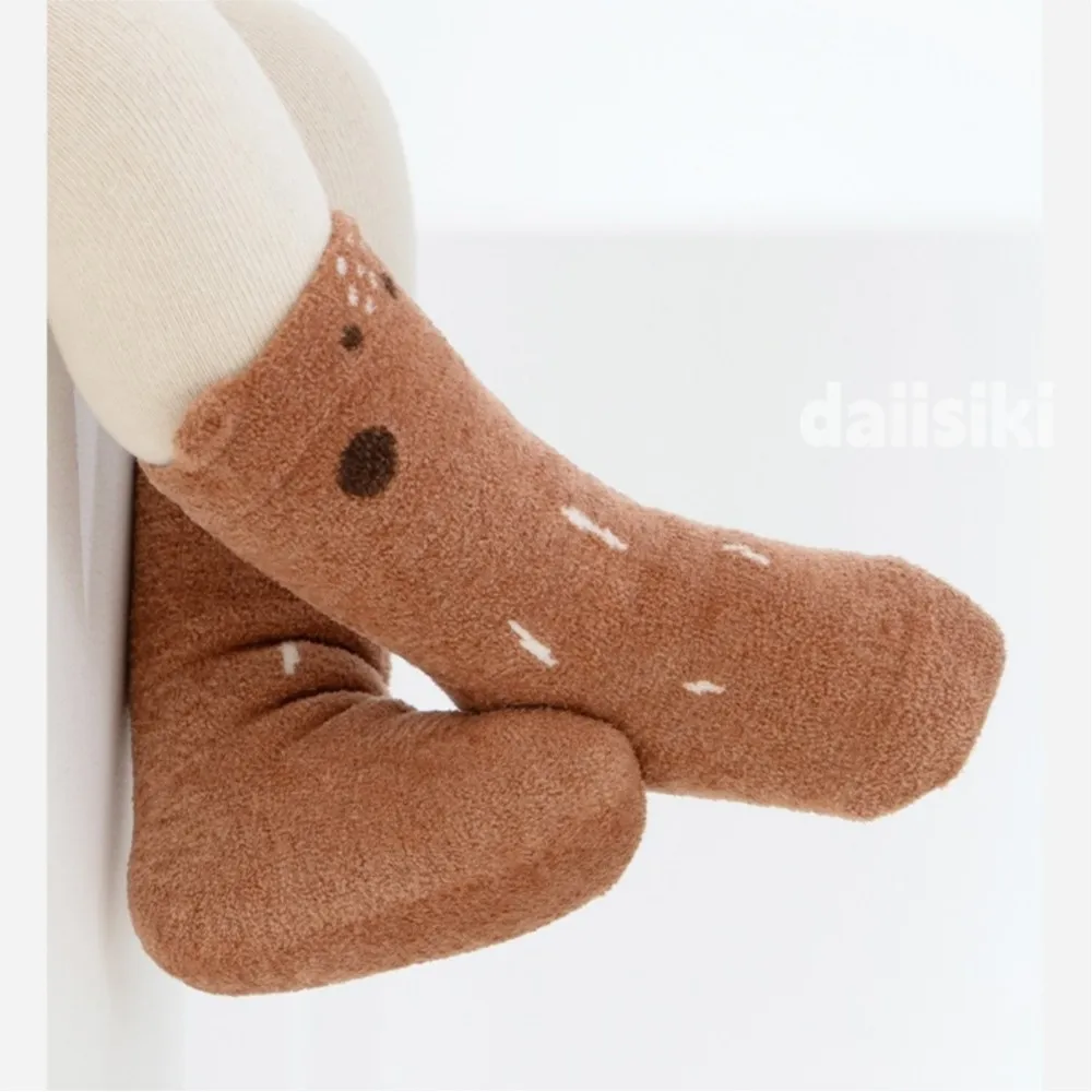 3 Pairs Baby Socks Autumn Winter Coral Fleece Thick Warm Cartoon High Tube Socks Newborn Non-Slip Floor Terry Socks