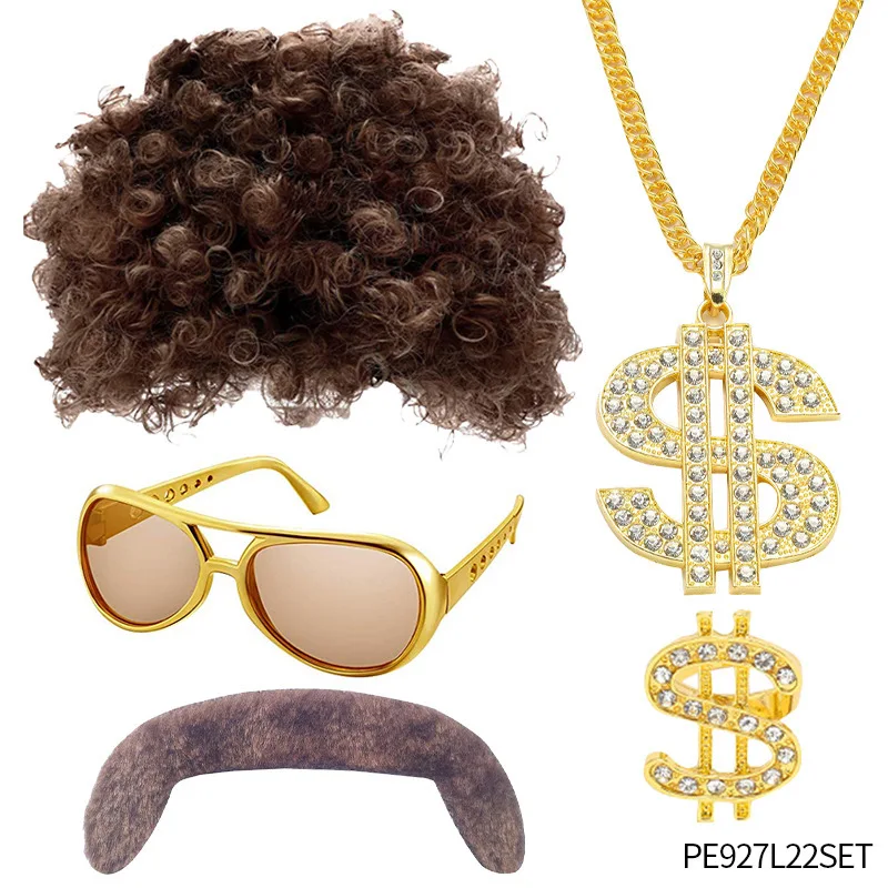 Disfraz Hippie Años 70/80 - Set Con Peluca Marrón, Bigote, Gafas Y Collar, Para Fiestas Temáticas Y Halloween