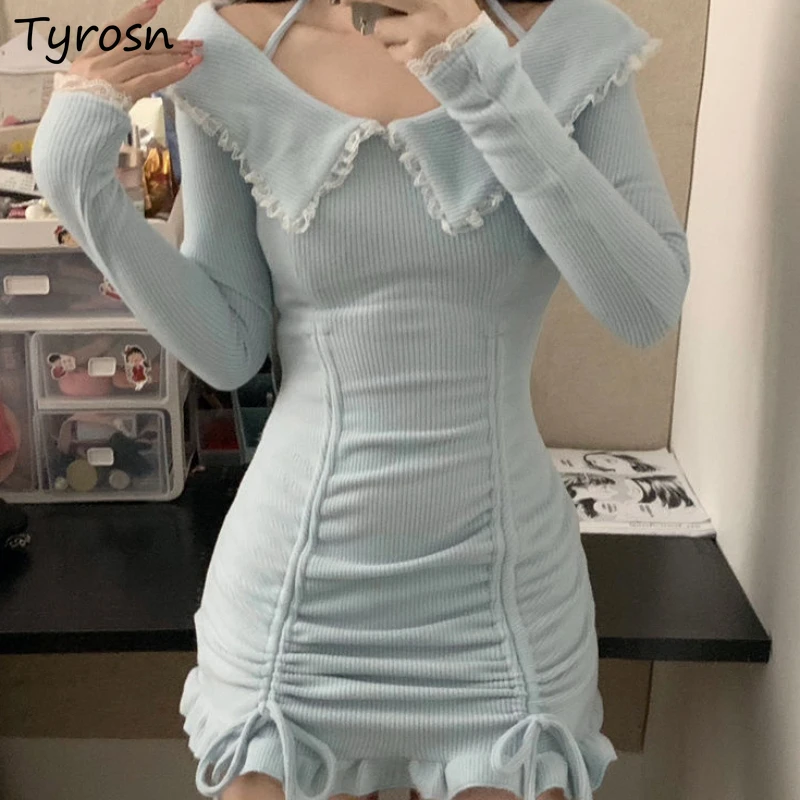 

Mini Dresses Women Lace Hotsweet Sheath Shirring Streetwear Sexy Girls Elegant Chic Fashion Long Sleeve Solid Cute Basic Casual