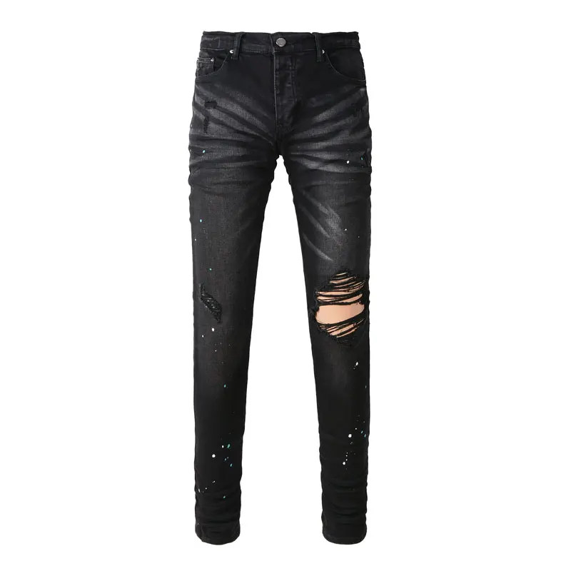 

High Street Fashion Jeans Vintage Black Elastic Tight Split Jeans Men's Patch Designer Hip Hop Brand Men's Black Pants Hombre