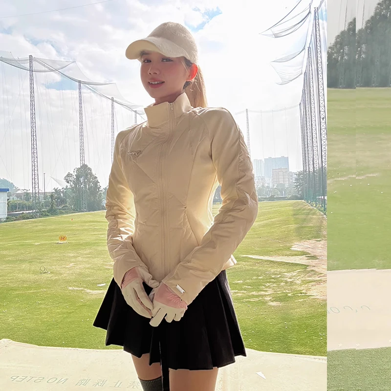 New Stand-up Collar Splicing Light Down Jacket Golf Ladies Autumn and Winter Slim-fit Sports Yoga White Long Sleeve Coat