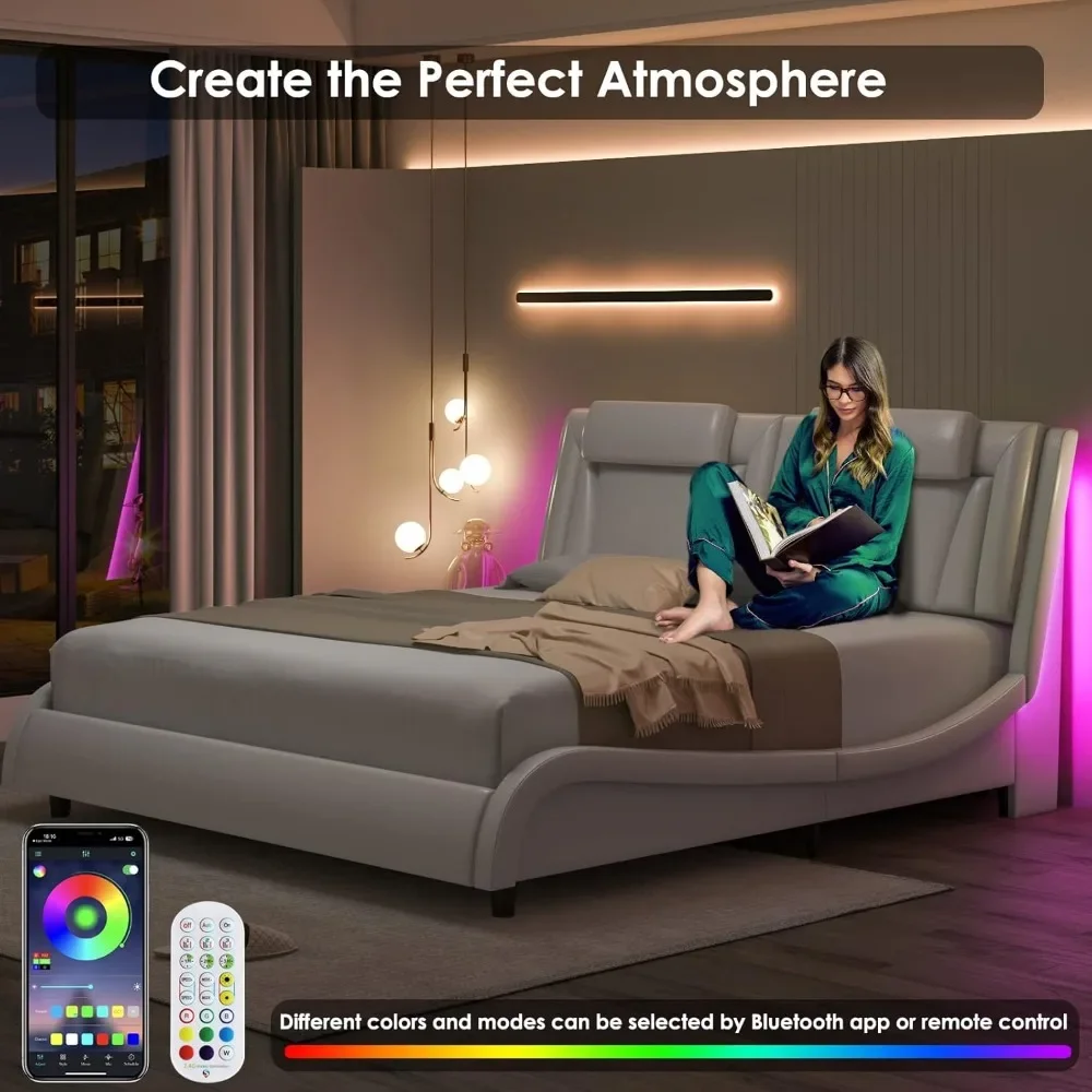 Bed Frame with Adjustable LED Headboard, Wave-Like Curve Design, Solid Wooden Slats Support Modern Upholstered King Bed Frame 3