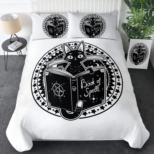 Witch Black Cat Duvet Cover Set Full,Cat Sitting on Moon Bedding Set Vintage Gothic Animals Cat Comforter Cover 2/3pcs Bed Sets 3